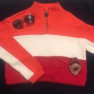 orange, red, and shite striped crop sweatshirt